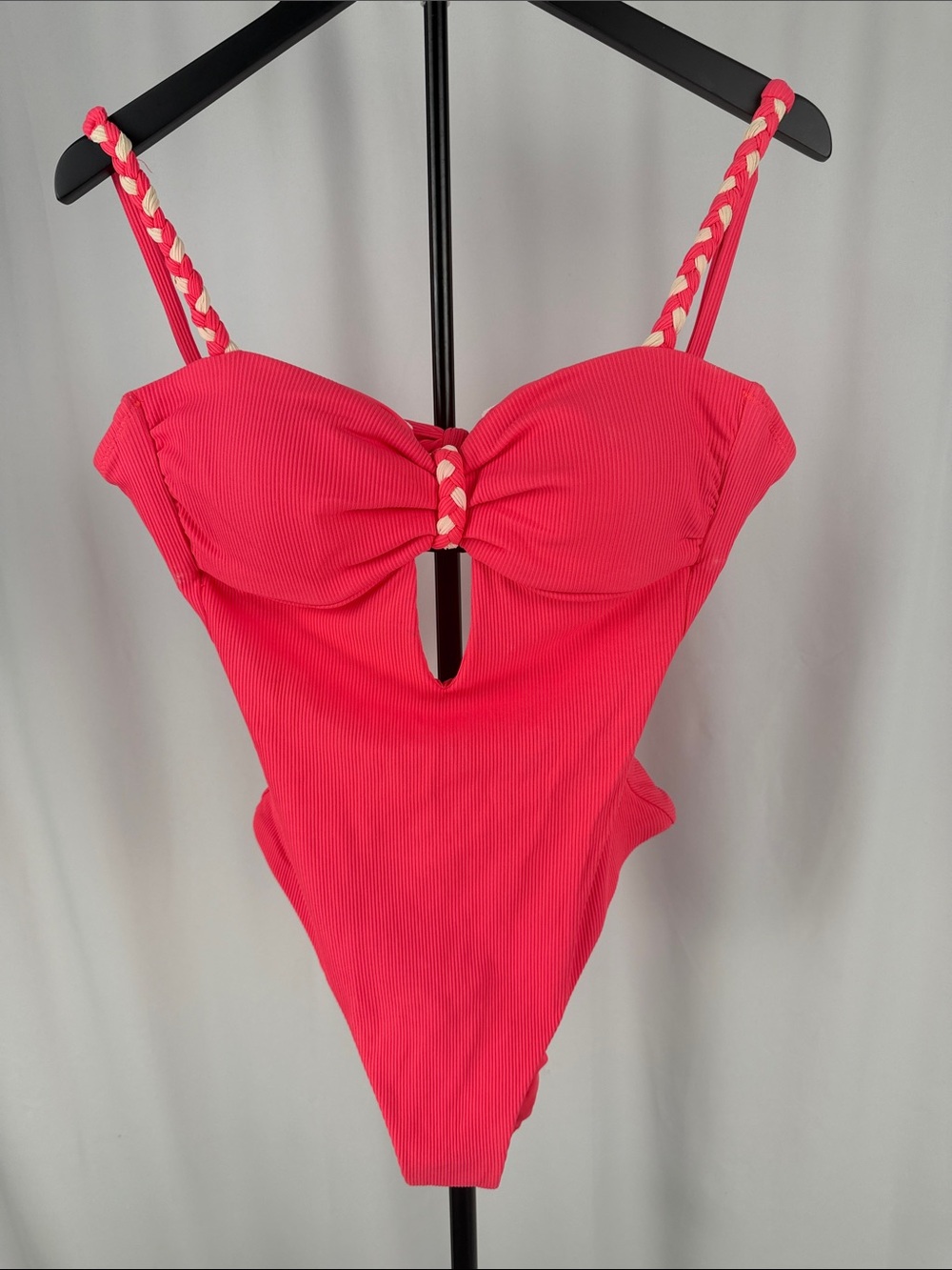 BECCA Coral Pink Ribbed One-Piece Swimsuit Braided Straps M